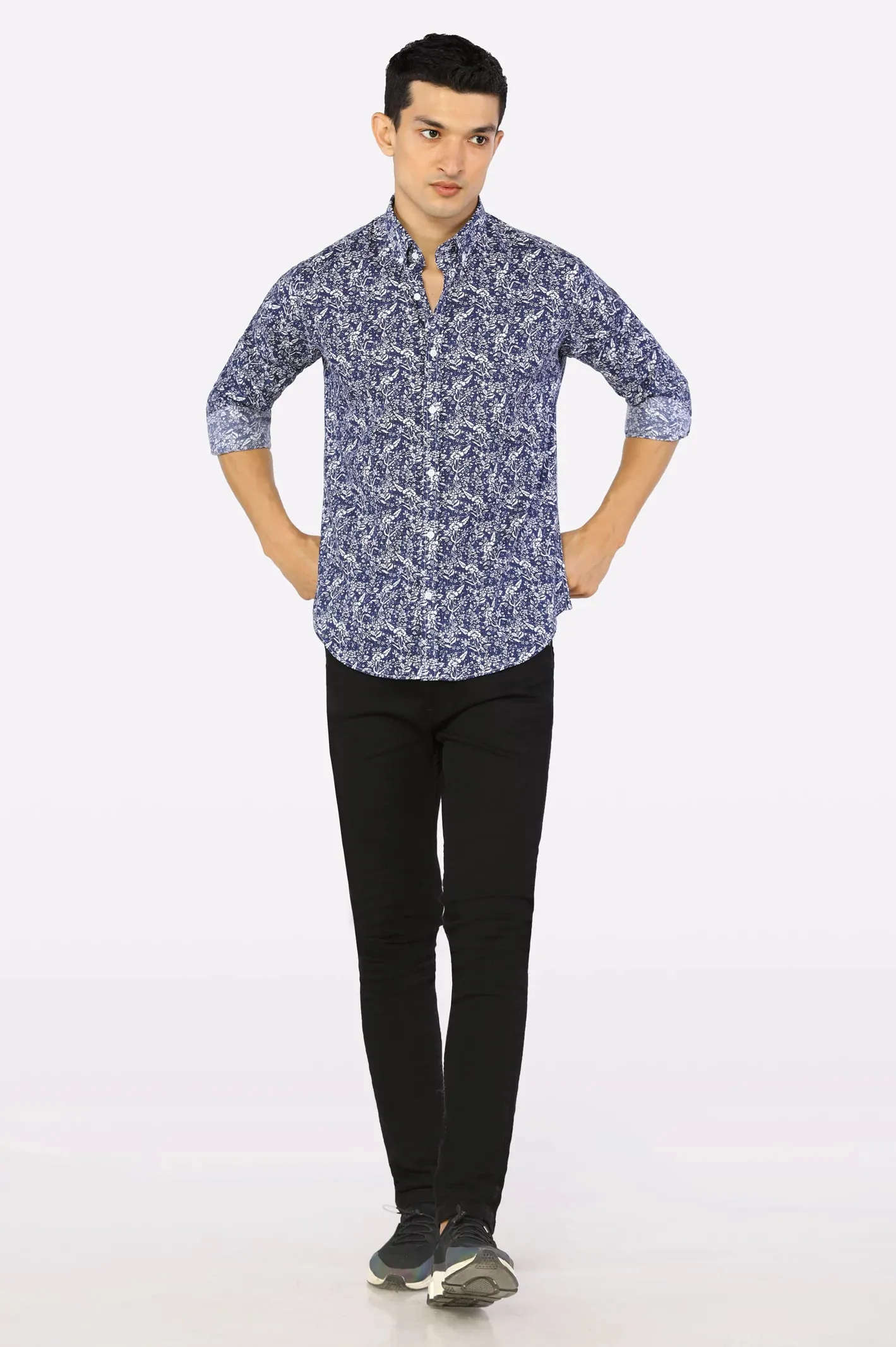 Dark Blue Floral Printed Casual Shirt