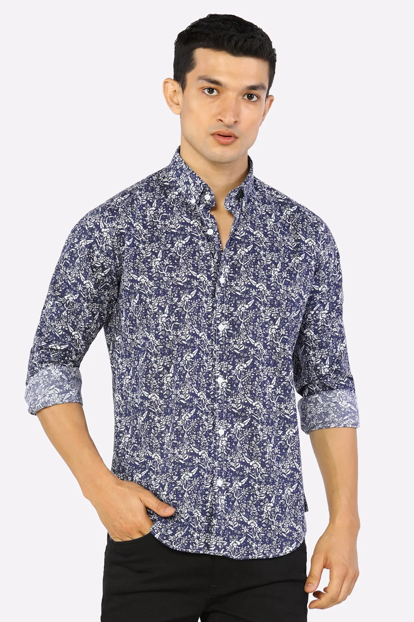 Dark Blue Floral Printed Casual Shirt